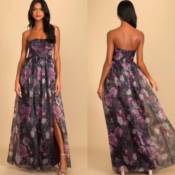 Lulus Wonderful Waltz Purple Floral Print Strapless Bustier Maxi Dress Party - Picture 1 of 12